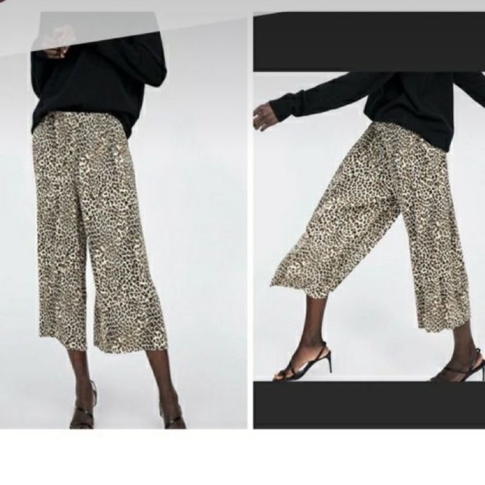 Zara Animal Print Pleated Wide Leg Palazzo Pants